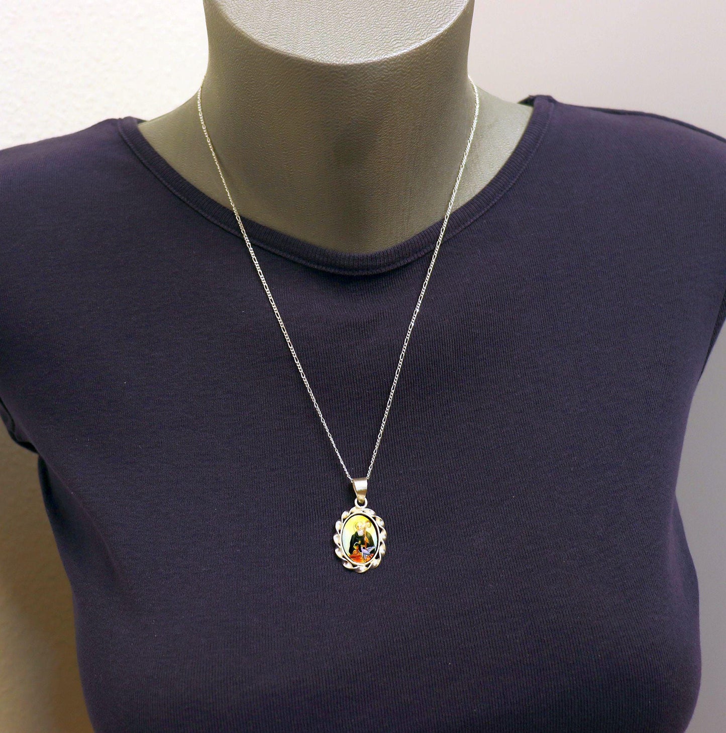 Hand-Painted St Benedict Medal: Vintage Enameled Sterling Silver Pendant Necklace