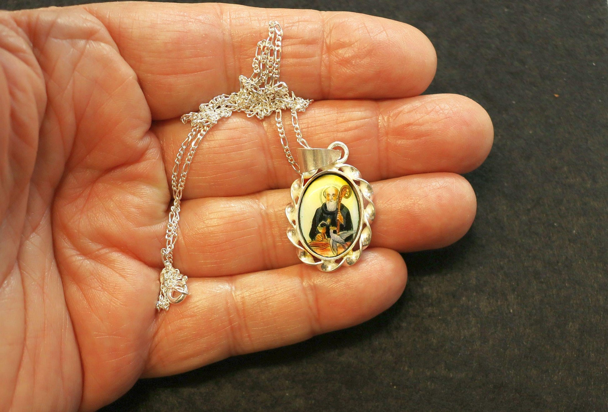 Hand Painted Miniature of St Benedict, Vintage Enameled Medal in Hand made Sterling Silver Frame w Sterling Silver Chain- V.Rare