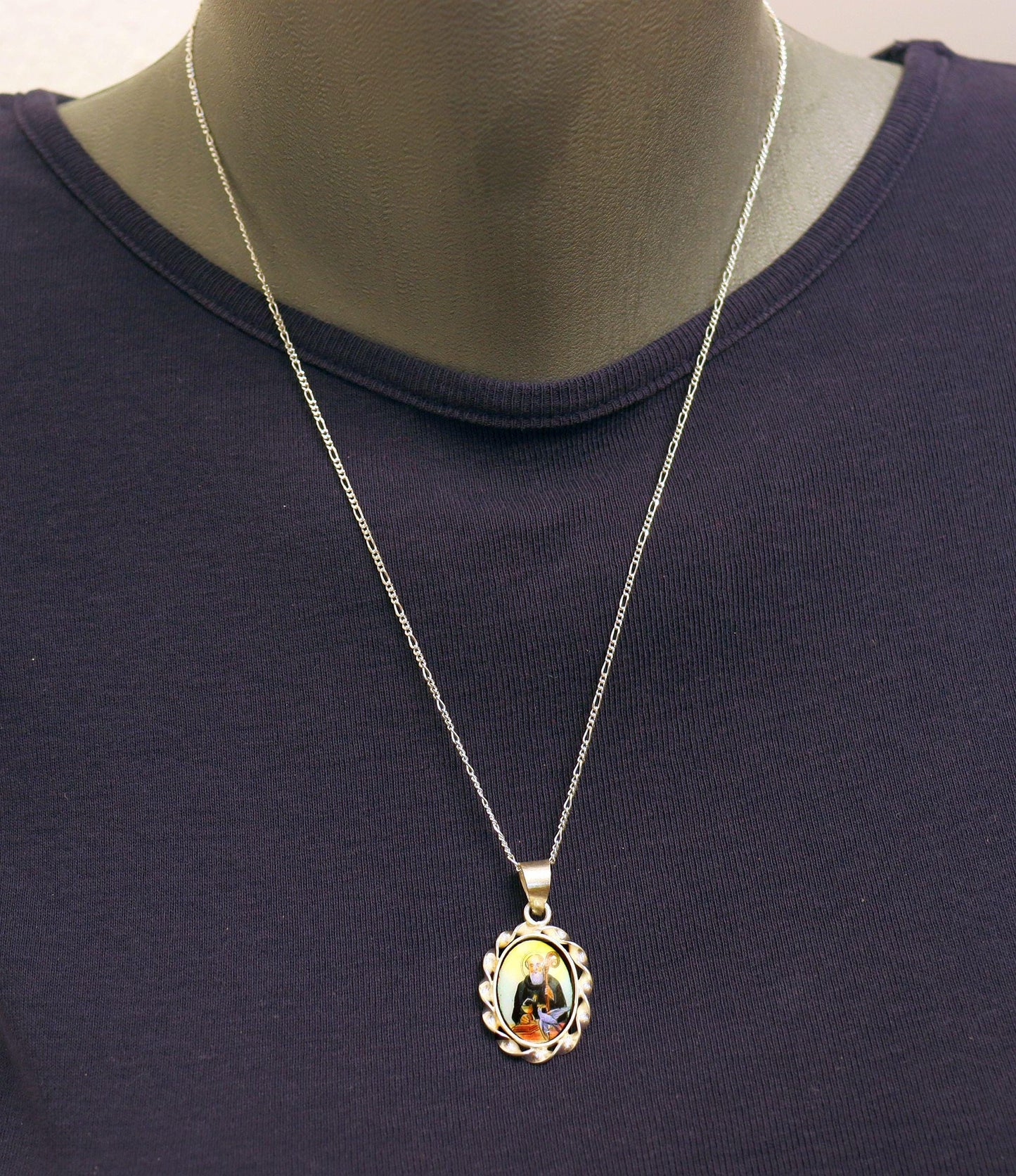 Hand-Painted St Benedict Medal: Vintage Enameled Sterling Silver Pendant Necklace