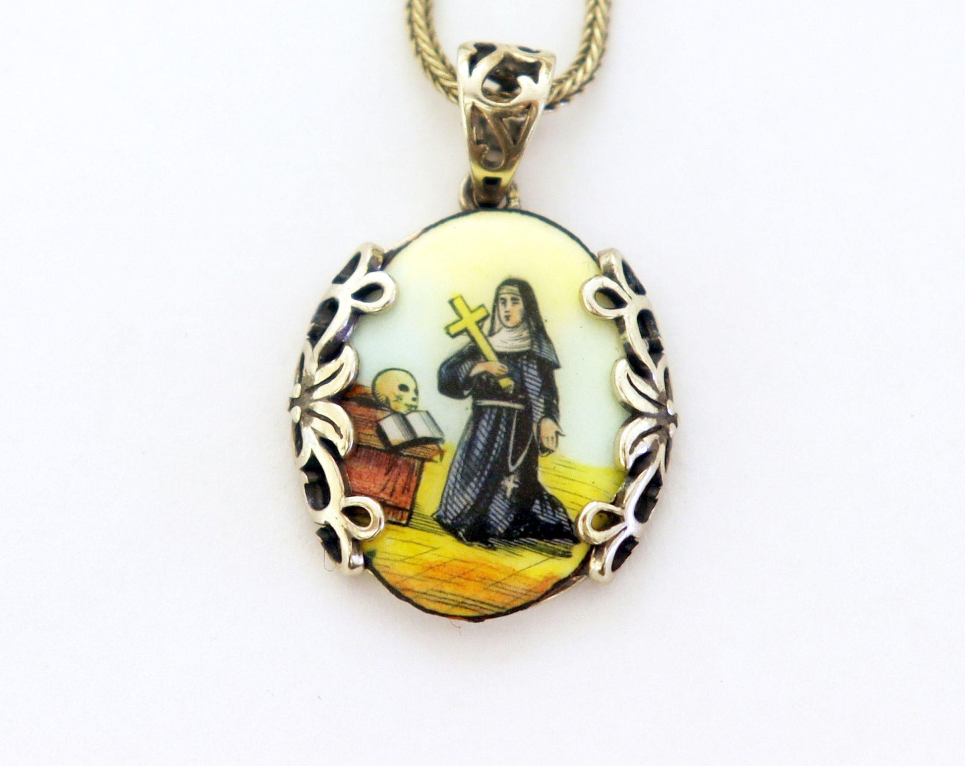 St. Rita Hand Painted Miniature Vintage Enameled Medal in Hand made Sterling Silver Frame w Sterling Silver Chain- V.Rare