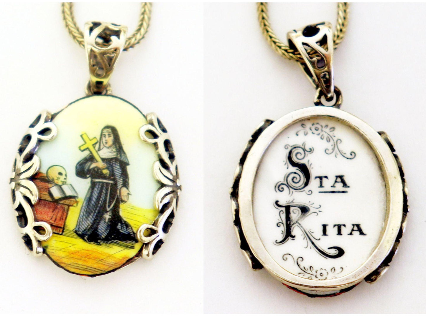 St. Rita Hand Painted Miniature Vintage Enameled Medal in Hand made Sterling Silver Frame w Sterling Silver Chain- V.Rare