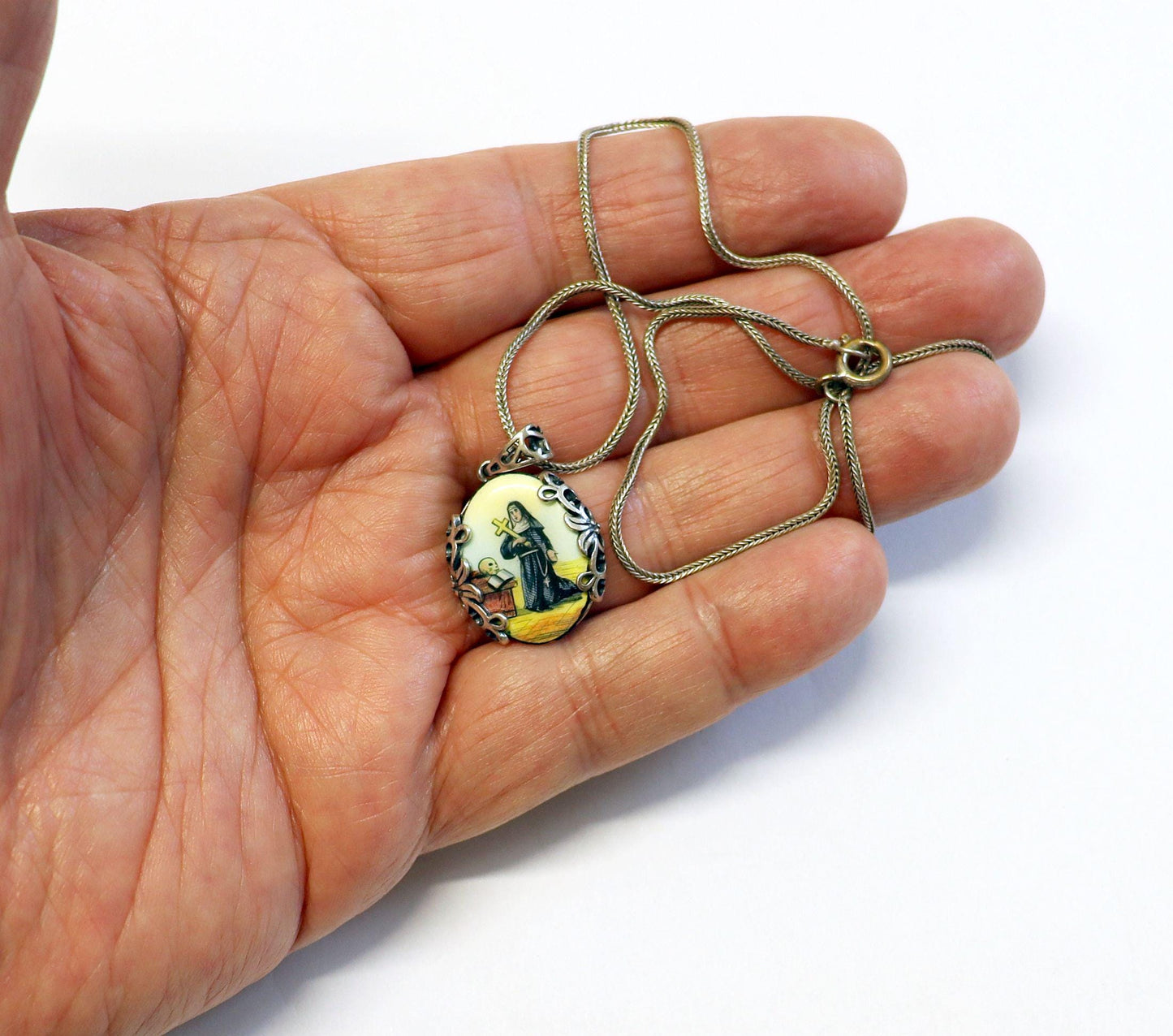 St. Rita Hand Painted Miniature Vintage Enameled Medal in Hand made Sterling Silver Frame w Sterling Silver Chain- V.Rare