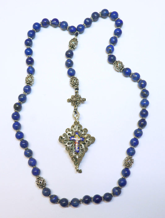 Filigree Catholic Rosary, Vintage Bavarian Biedermeier Lapis, German Style Rosary, Credo and Reliquary Porcelain Inlay Crosses, Prayer Gift