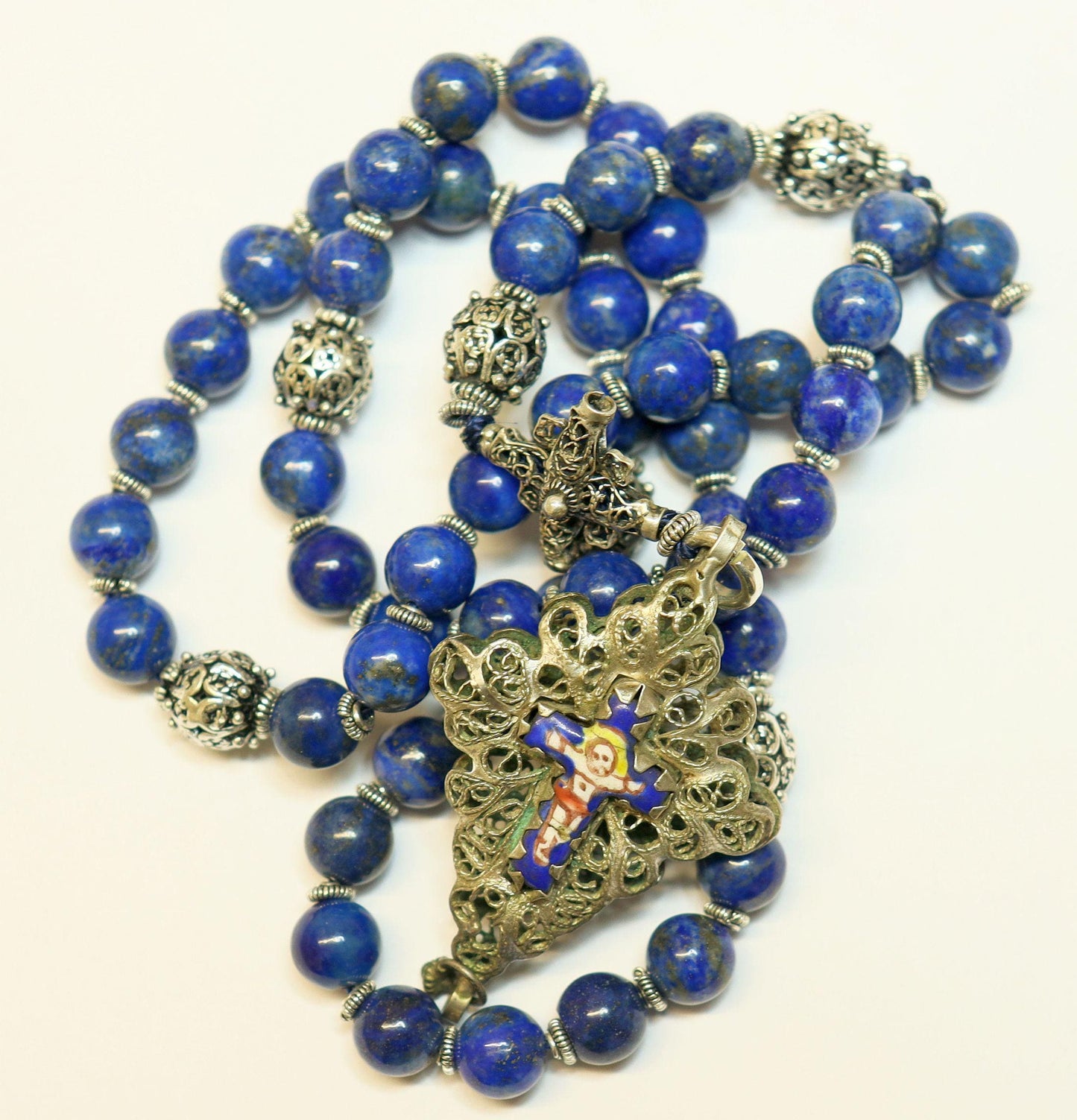 Filigree Catholic Rosary, Vintage Bavarian Biedermeier Lapis, German Style Rosary, Credo and Reliquary Porcelain Inlay Crosses, Prayer Gift