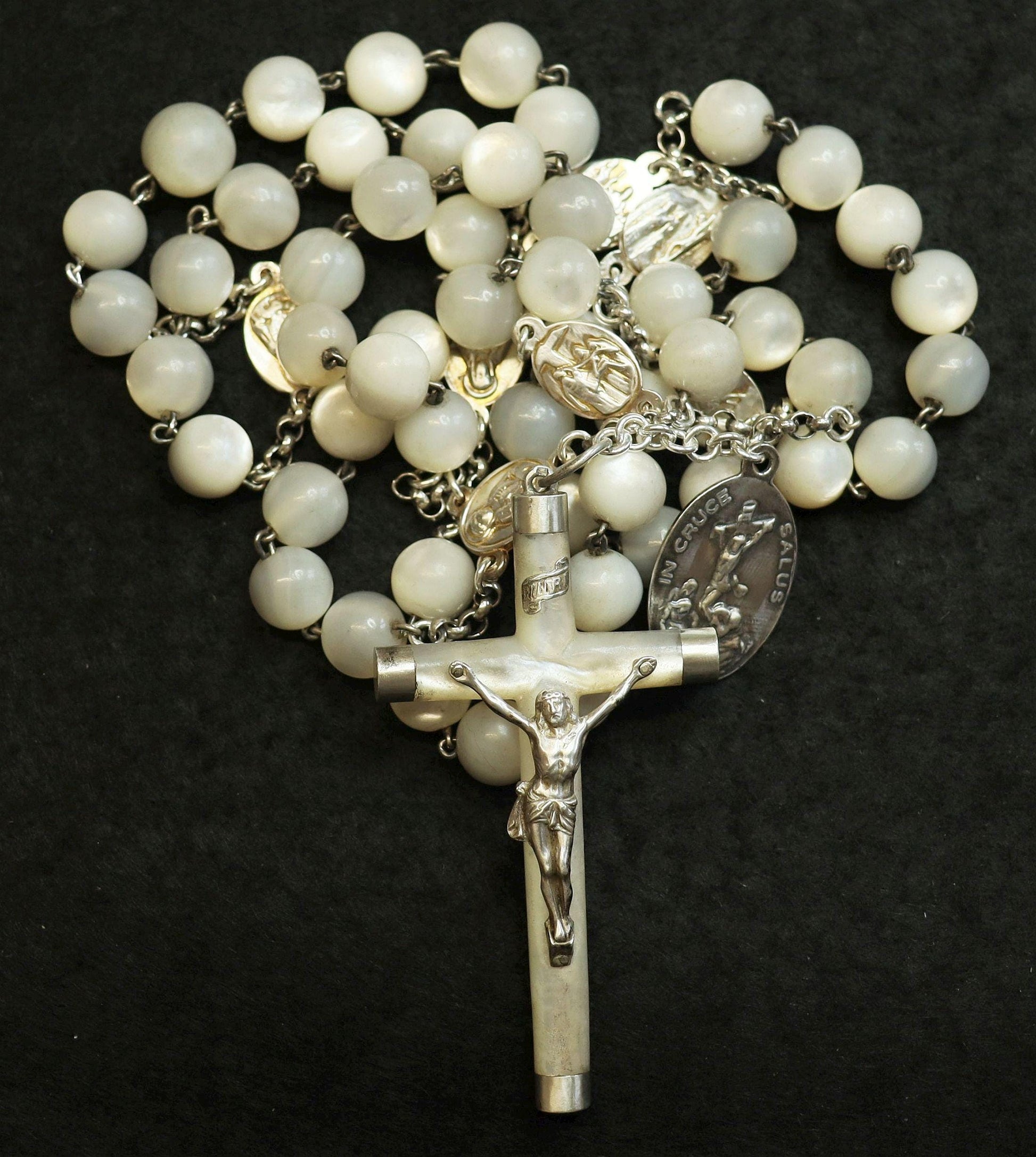 Early 20th Cent. Very Rare Antique Rosary of our Lady of 7 Sorrows, MOP and Sterling Silver - Large Item