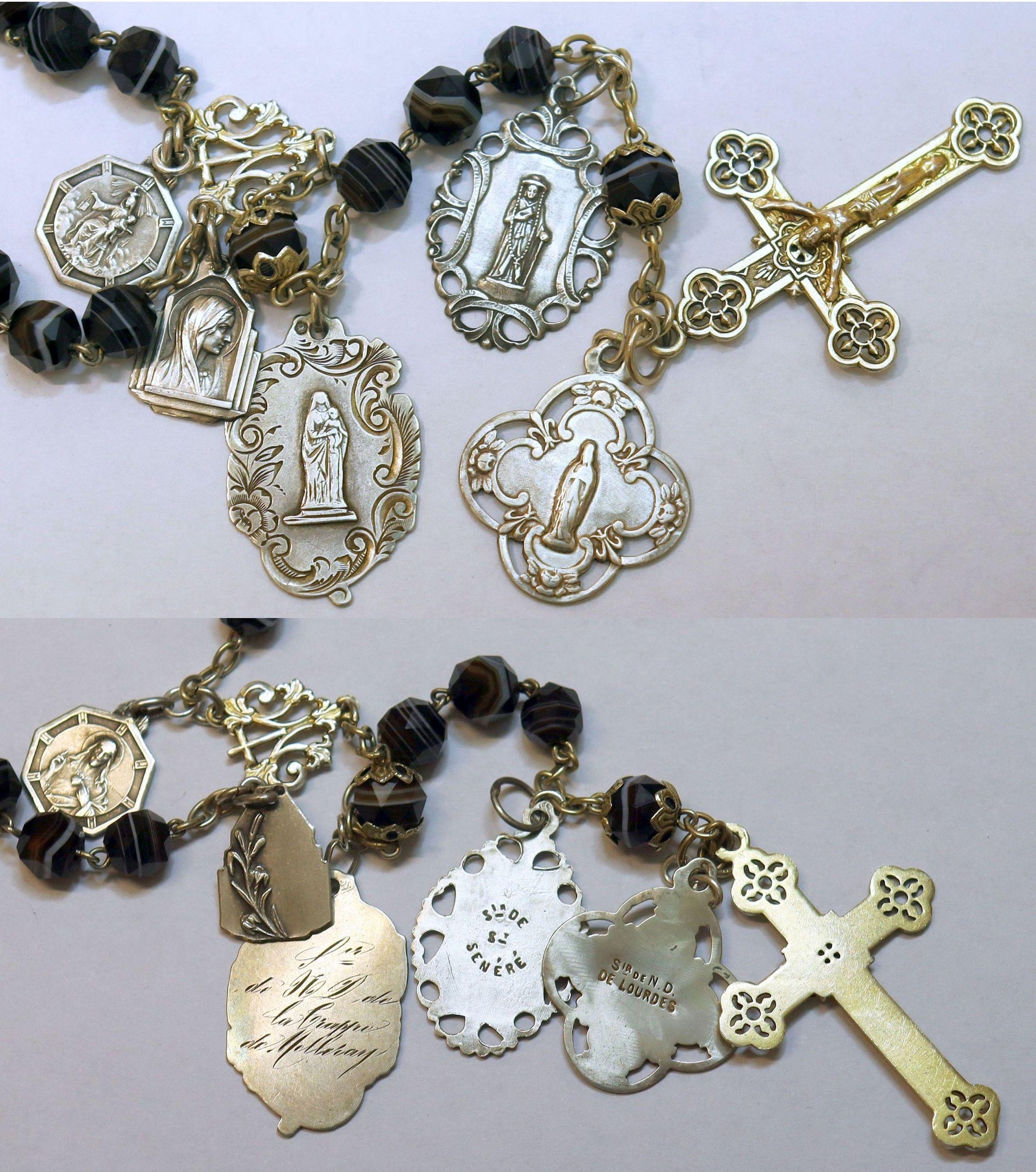 Mid 20th Cent. Black Banded Agathe & Sterling Highly Exceptional Catholic Rosary w 13 Rare Antique Medals all Sterling Silver - Rare