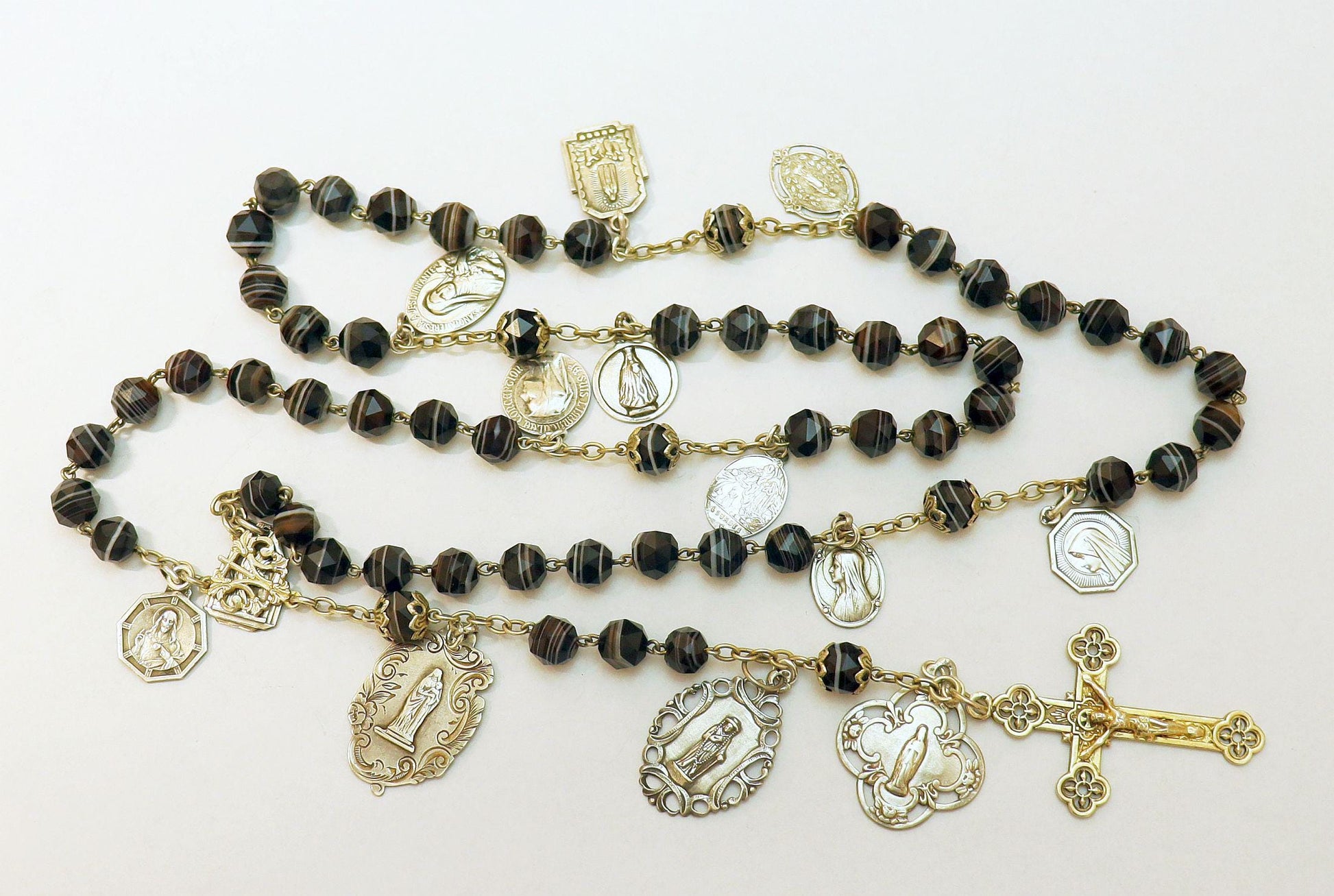 Mid 20th Cent. Black Banded Agathe & Sterling Highly Exceptional Catholic Rosary w 13 Rare Antique Medals all Sterling Silver - Rare