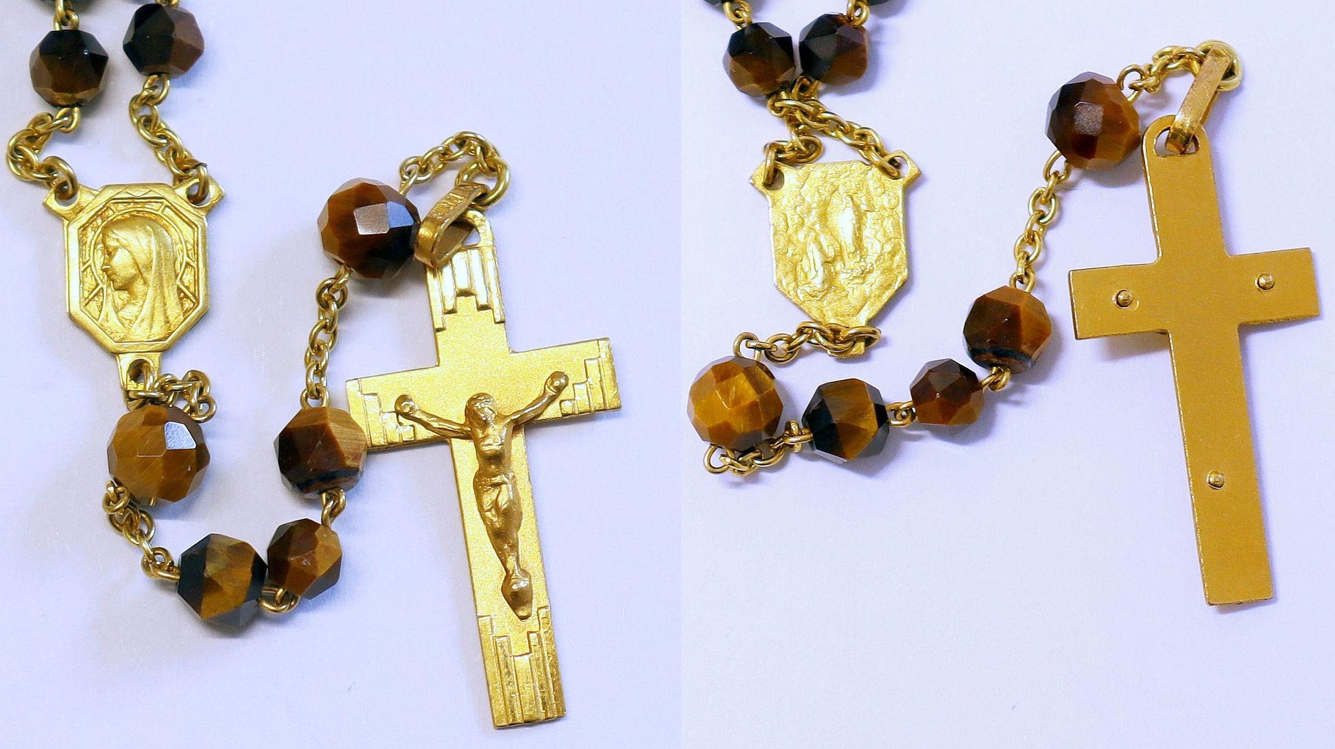 Vintage Tiger Eye Gold Rolled Catholic Rosary, Hand-Faceted Beads, 1930's Unique Vintage Religious Jewelry