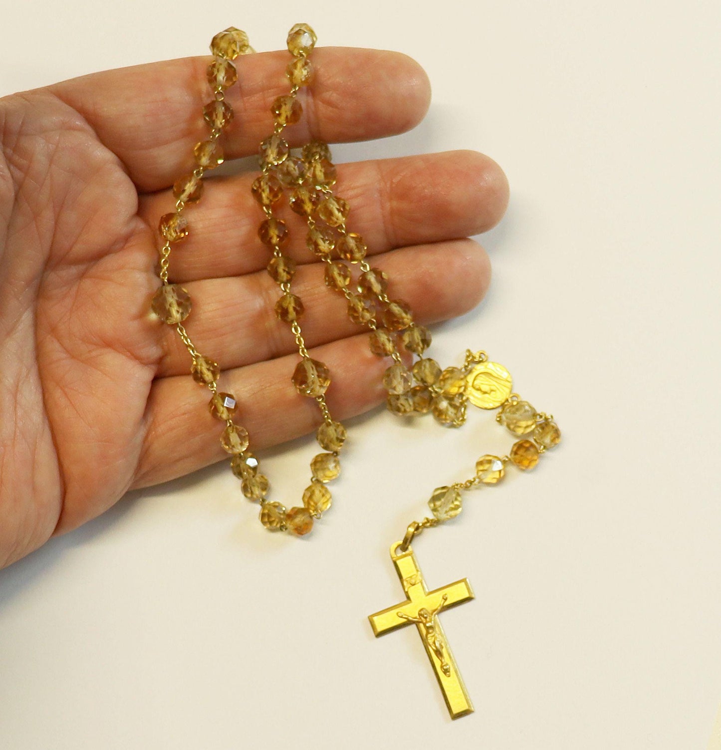 Vintage Citrine Crystal Gold Rolled Rosary, 1930s Hand-Faceted Beads, Old Religious Item, Catholic Prayer Beads, Unique Antique Jewelry