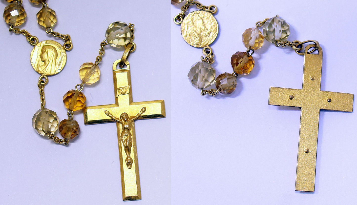 Vintage Citrine Crystal Gold Rolled Rosary, 1930s Hand-Faceted Beads, Old Religious Item, Catholic Prayer Beads, Unique Antique Jewelry