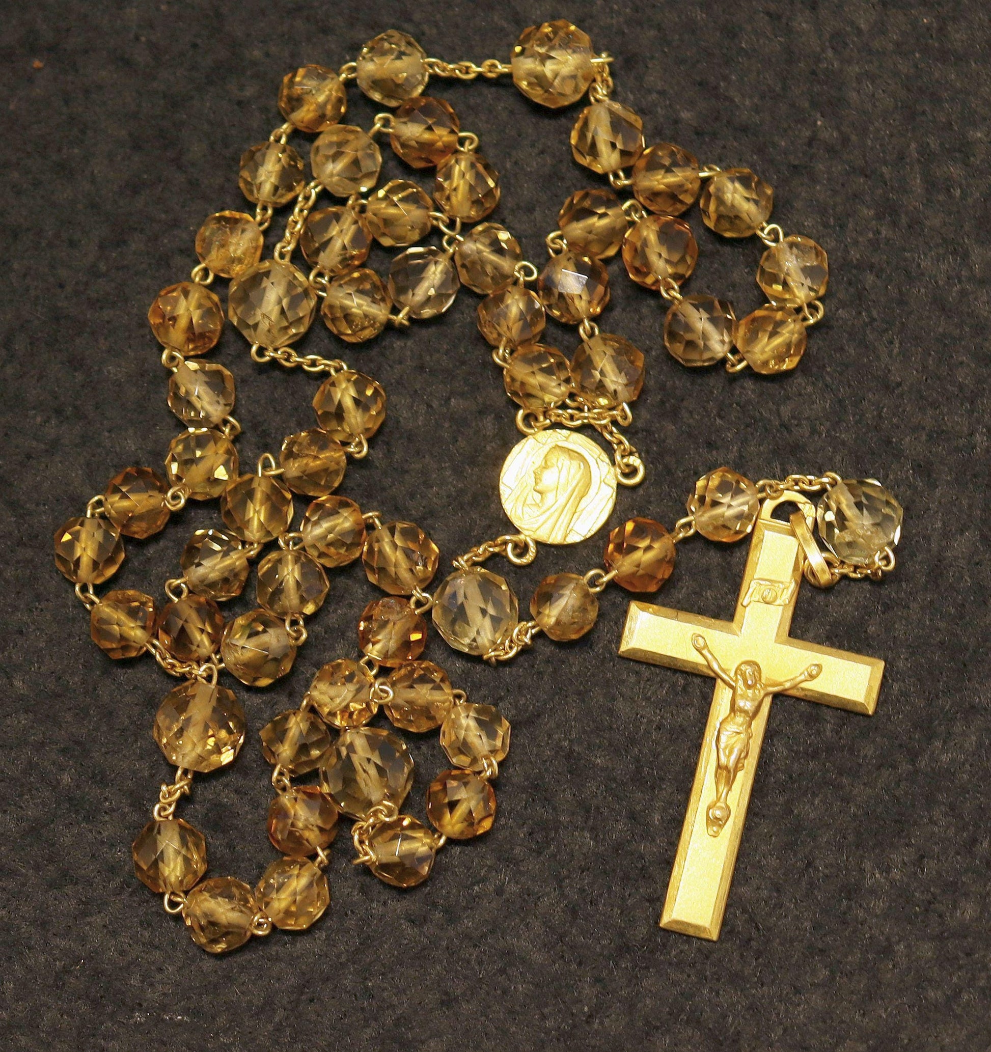 Vintage Citrine Crystal Gold Rolled Rosary, 1930s Hand-Faceted Beads, Old Religious Item, Catholic Prayer Beads, Unique Antique Jewelry