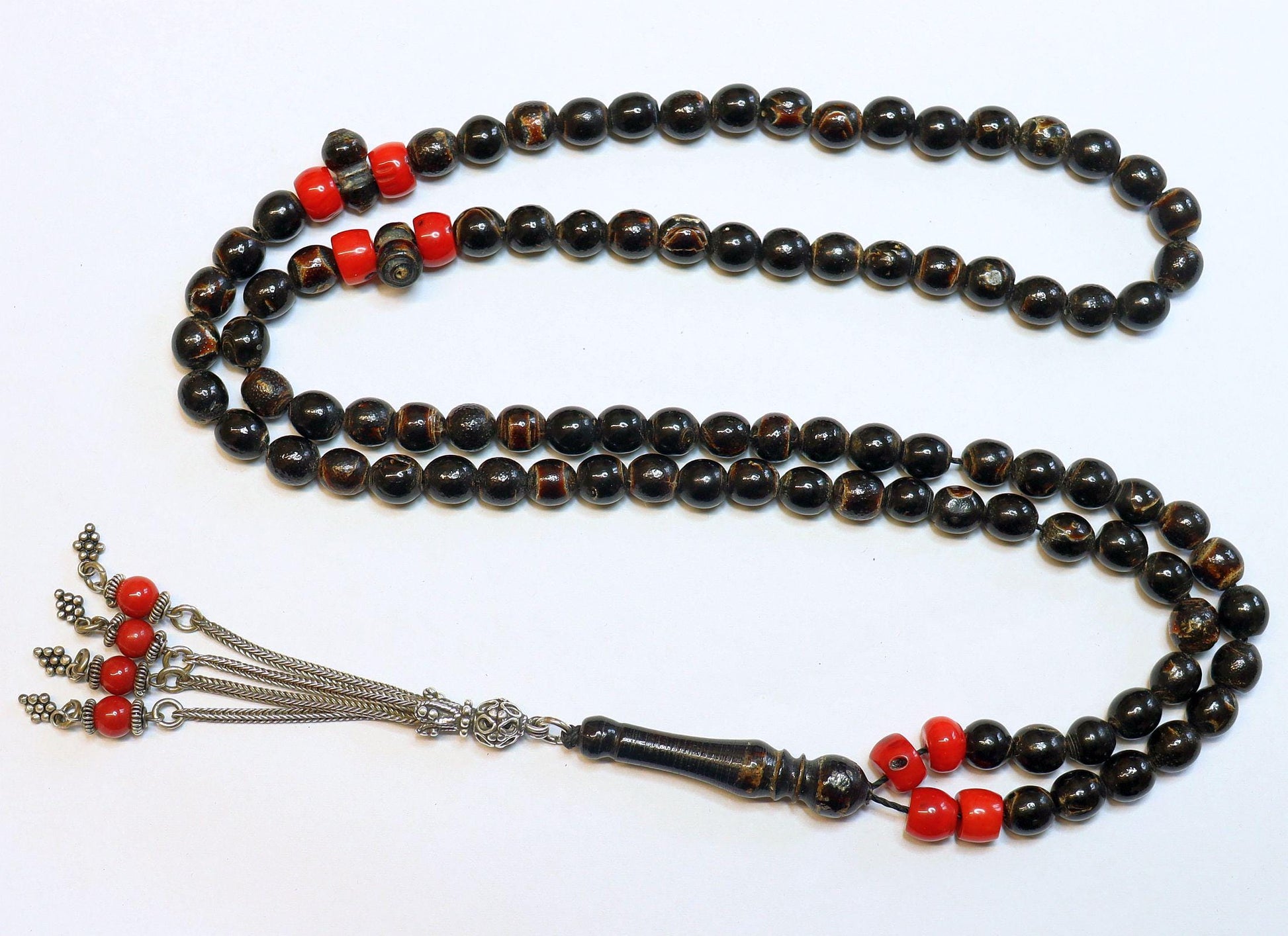 Islamic Prayer Beads Tesbih Vintage Yusr ( Black Coral) + Red Coral and Sterling Silver - Rare Collector's