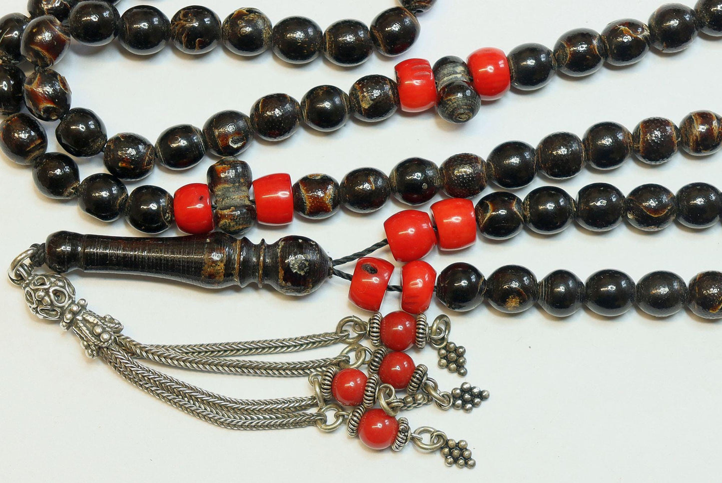 Vintage Islamic Prayer Beads: Yusr Black Coral, Red Coral, Sterling Silver Tassel
