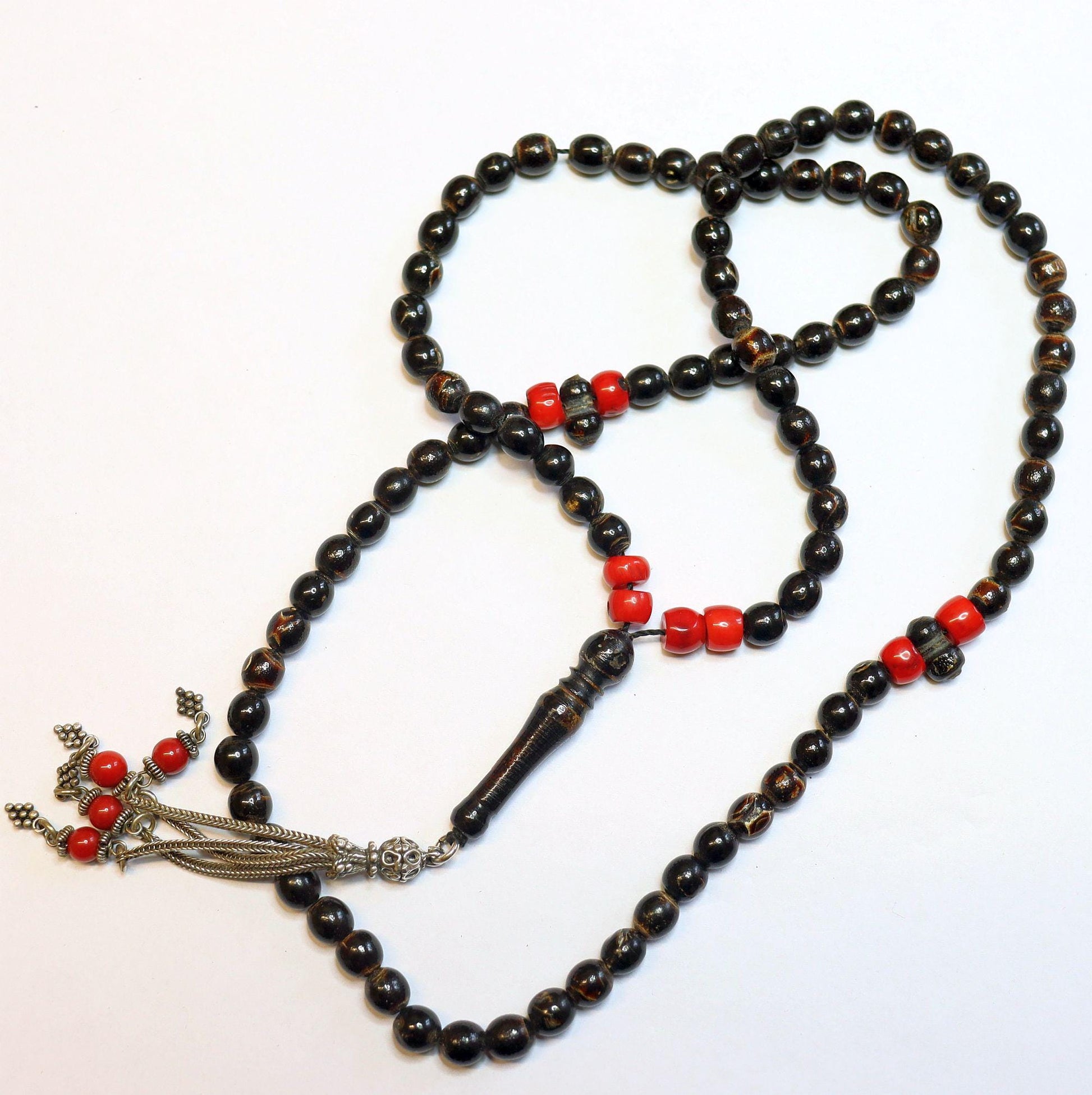 Vintage Islamic Prayer Beads: Yusr Black Coral, Red Coral, Sterling Silver Tassel