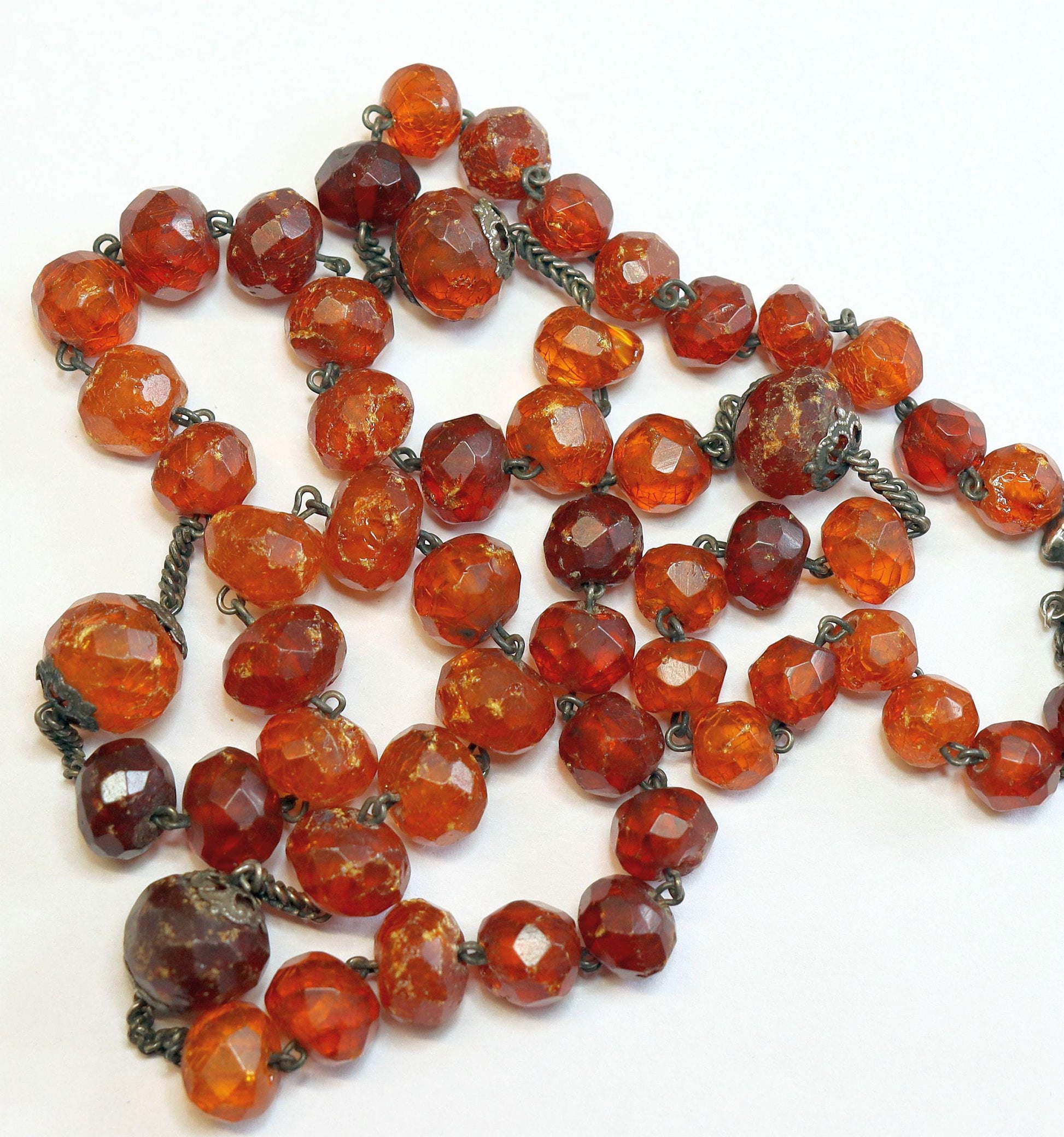 Early 20th Cent. Genuine Hand Faceted Baltic Amber & Sterling Silver Catholic Rosary w reliquary Cross - Rare