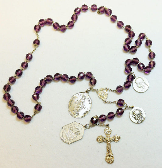 Antique French Amethyst Rosary: Sterling Silver Medals, Art Nouveau Cross