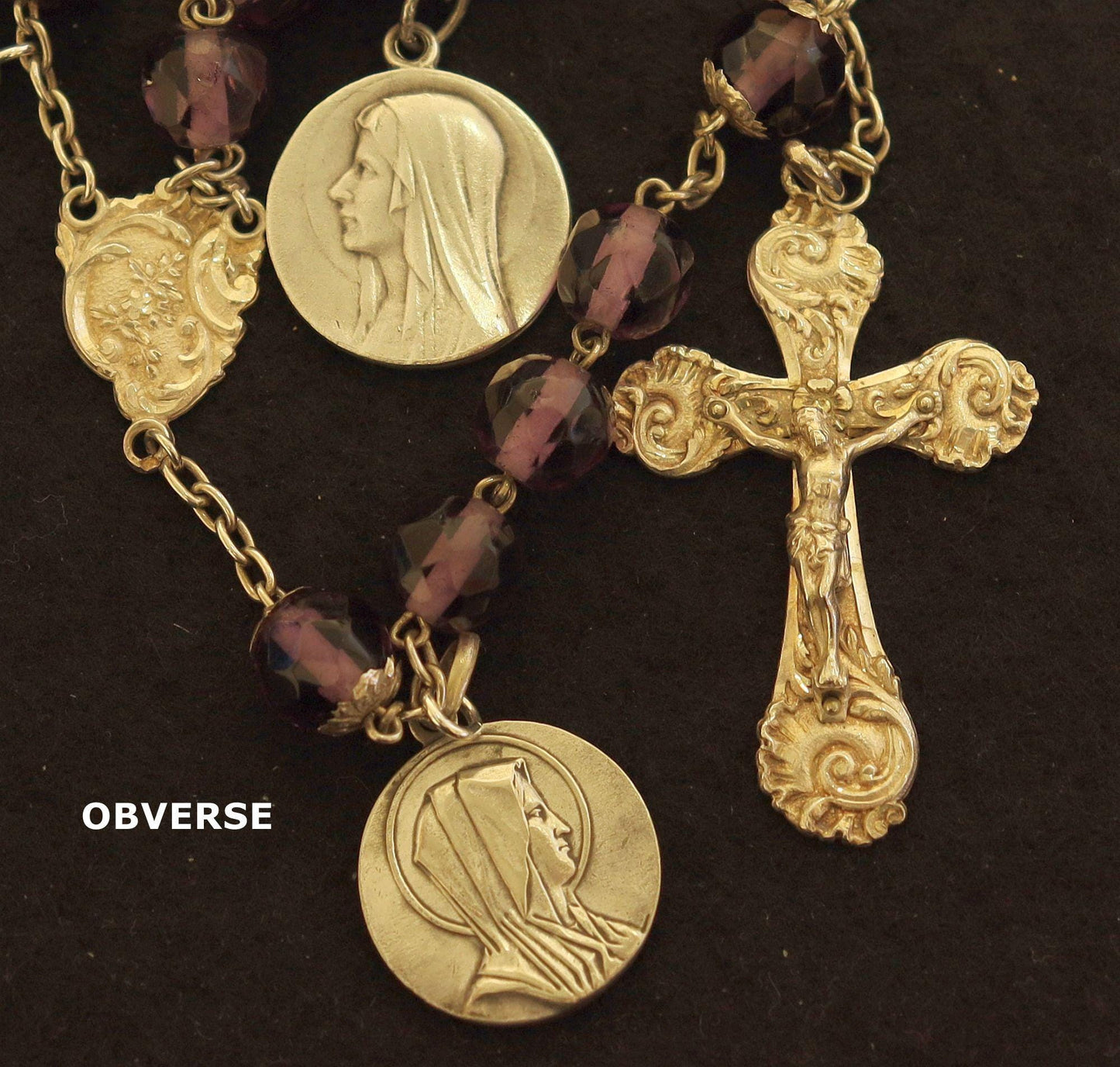 Antique French Amethyst Rosary: Sterling Silver Medals, Art Nouveau Cross
