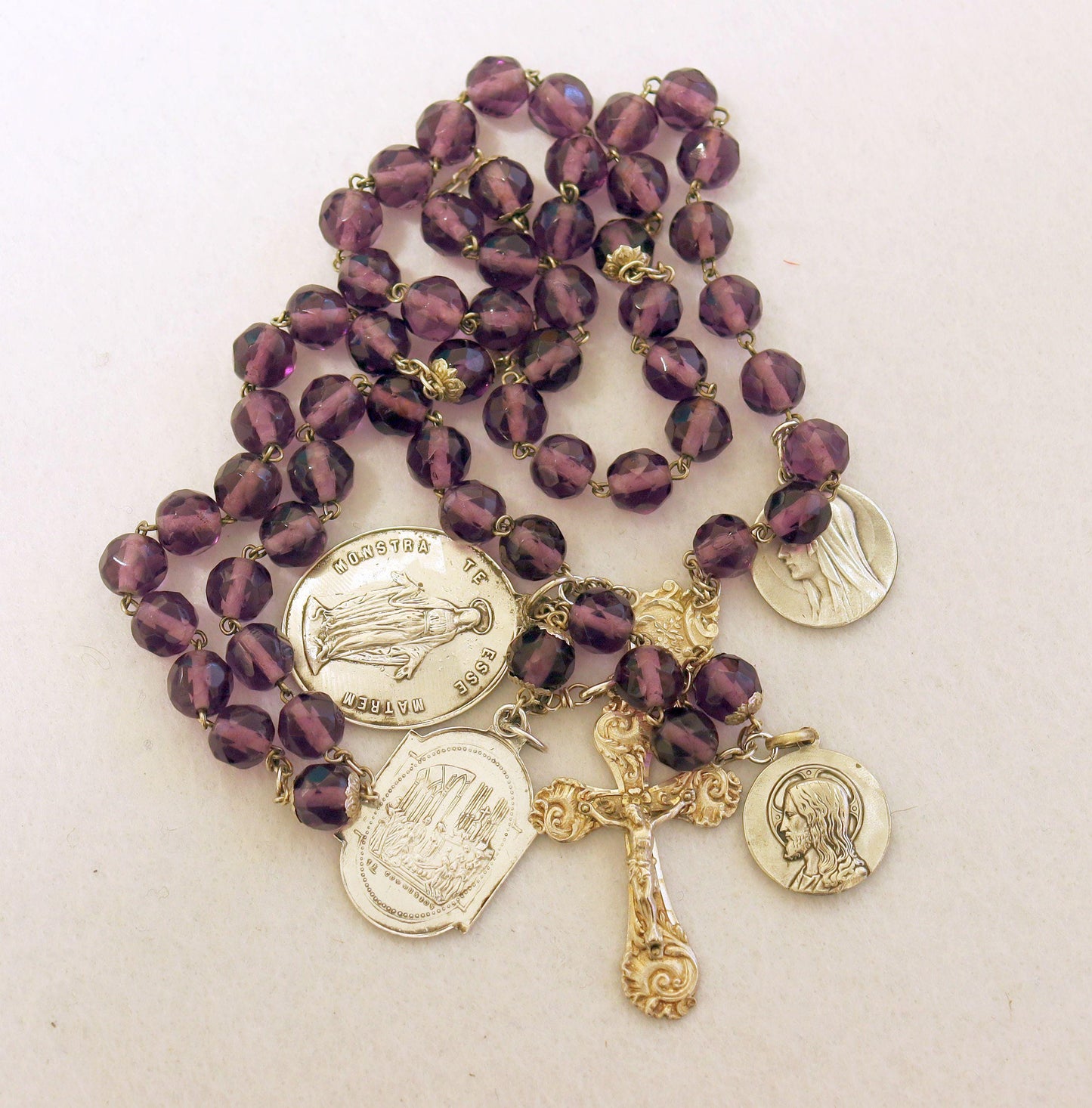 Antique French Amethyst Rosary: Sterling Silver Medals, Art Nouveau Cross