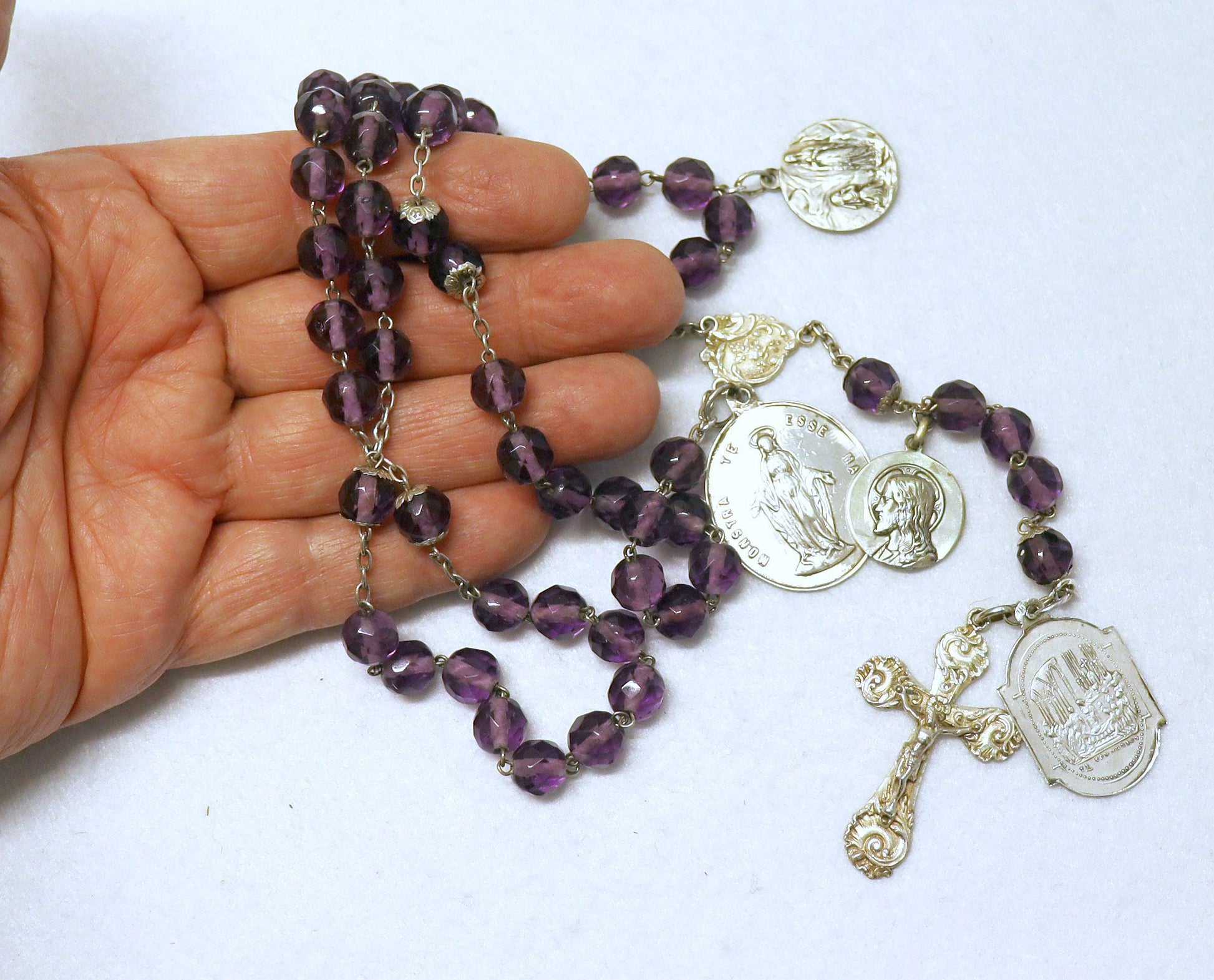 Antique French Amethyst Rosary: Sterling Silver Medals, Art Nouveau Cross