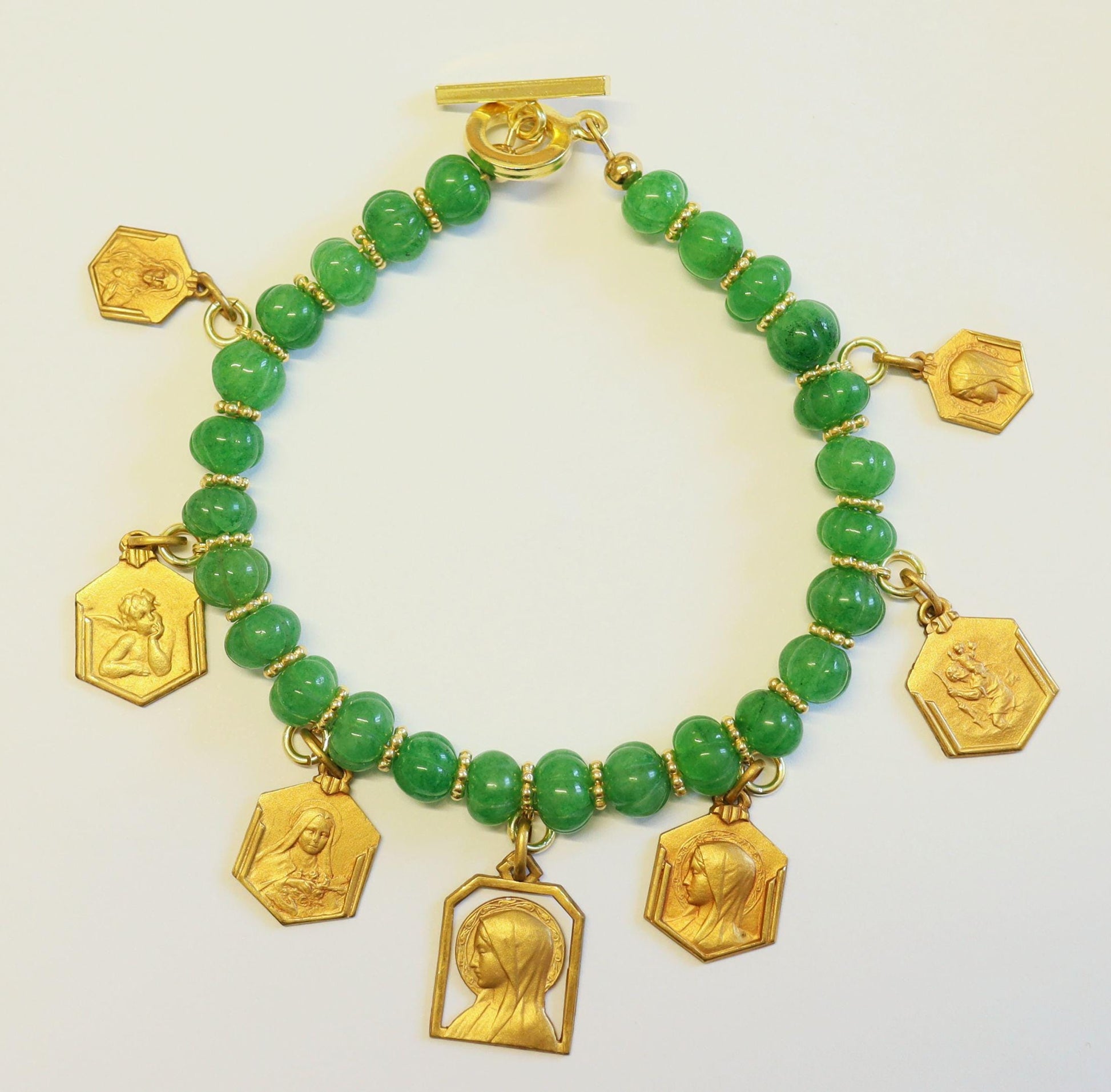 Emerald Charm Bracelet w 7 Vintage French Gold Rolled Religious Medals