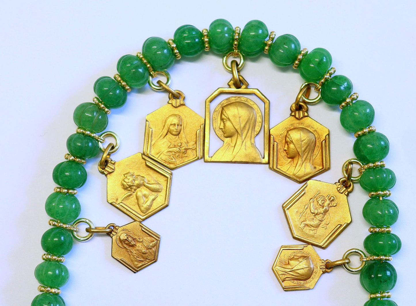Emerald Charm Bracelet w 7 Vintage French Gold Rolled Religious Medals