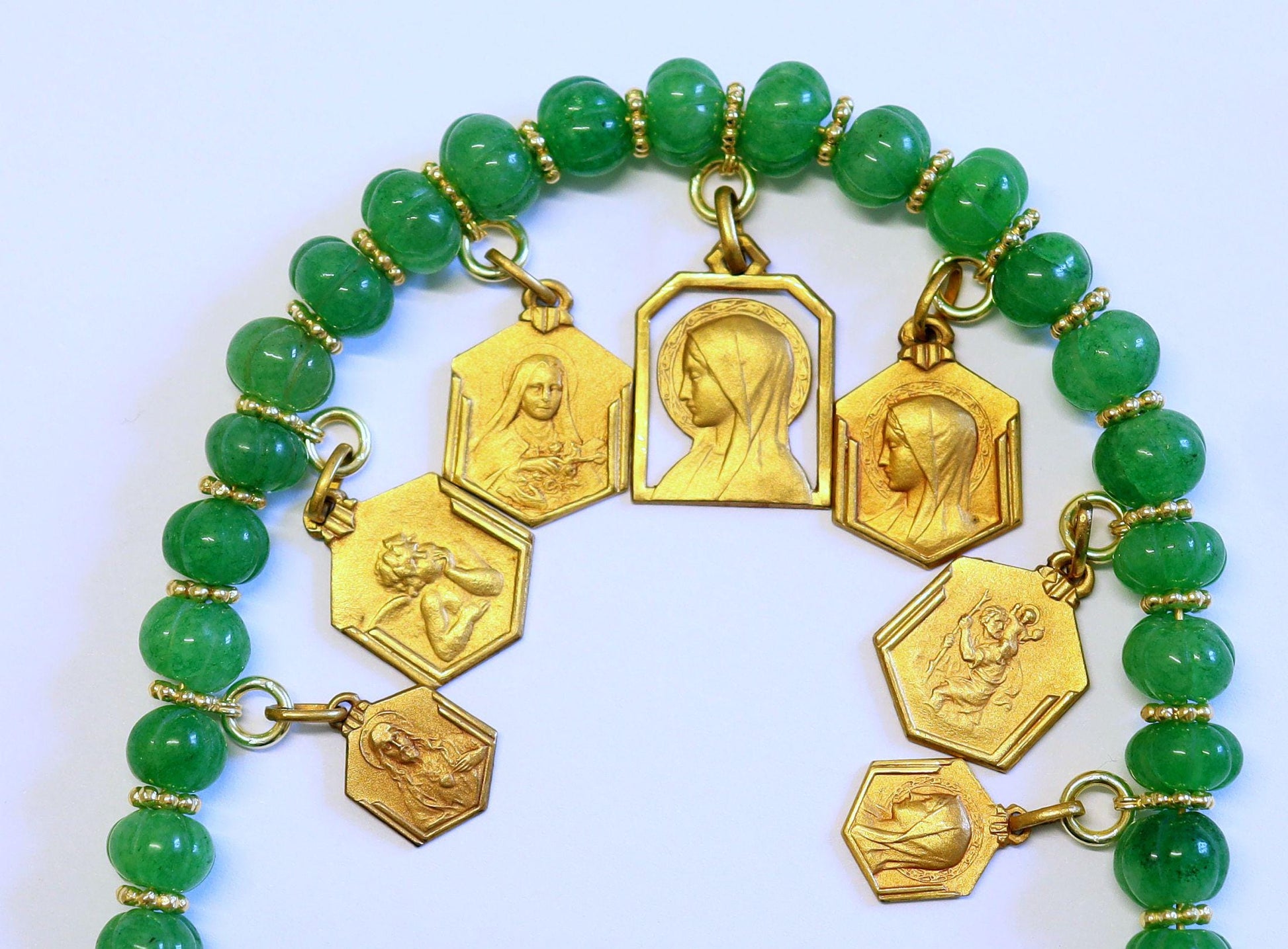 Emerald Charm Bracelet w 7 Vintage French Gold Rolled Religious Medals