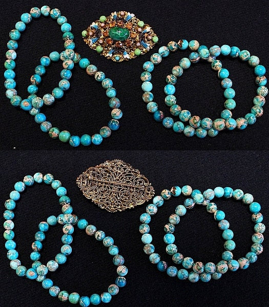 Unique Vintage Art Deco Brooch Pin & Bracelets with Rare Variscite