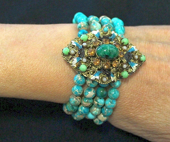 Unique Vintage Art Deco Brooch Pin & Bracelets with Rare Variscite