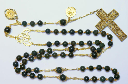 1922 BloodStone & Vermeil Catholic Rosary w 2 Rare Fix Gold Rolled Medals and Vermeil Filigree Cross - Unique