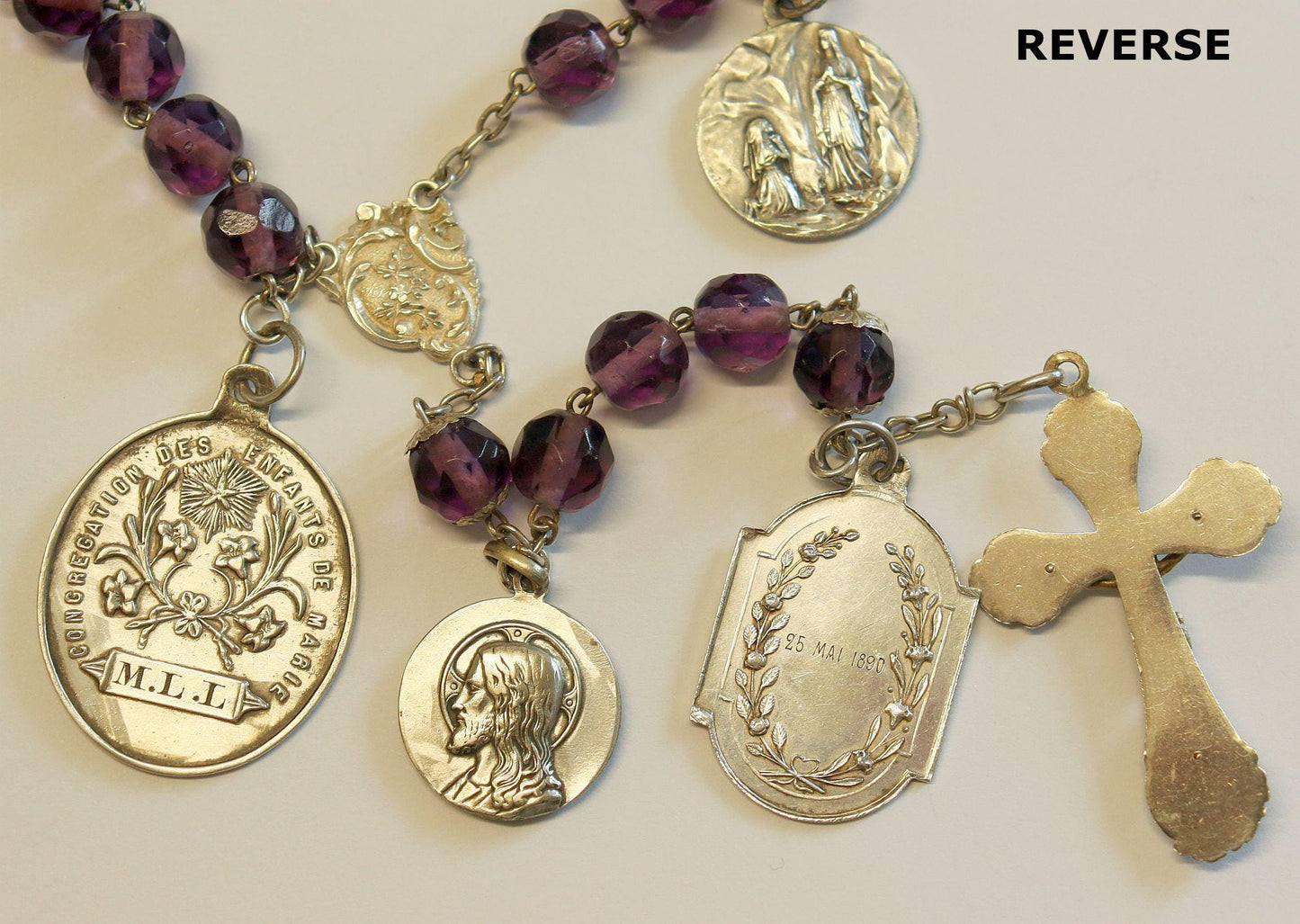 Antique French Amethyst Rosary: Sterling Silver Medals, Art Nouveau Cross