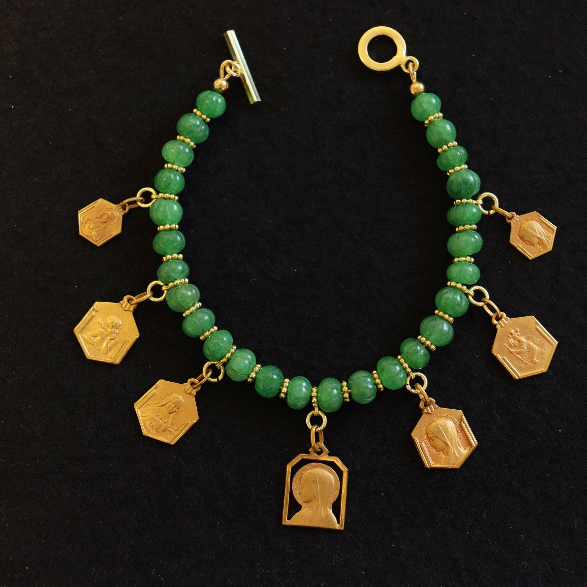 Emerald Charm Bracelet w 7 Vintage French Gold Rolled Religious Medals