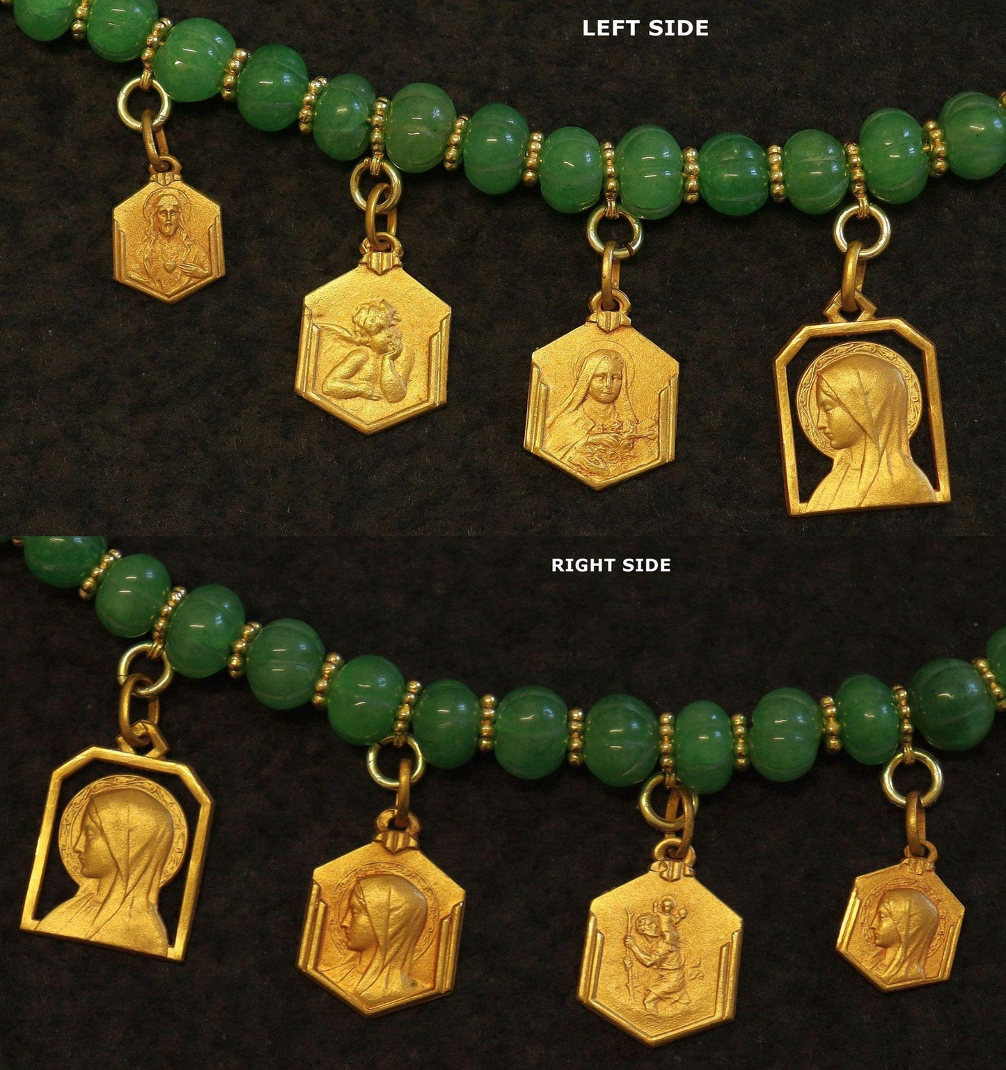 Emerald Charm Bracelet w 7 Vintage French Gold Rolled Religious Medals