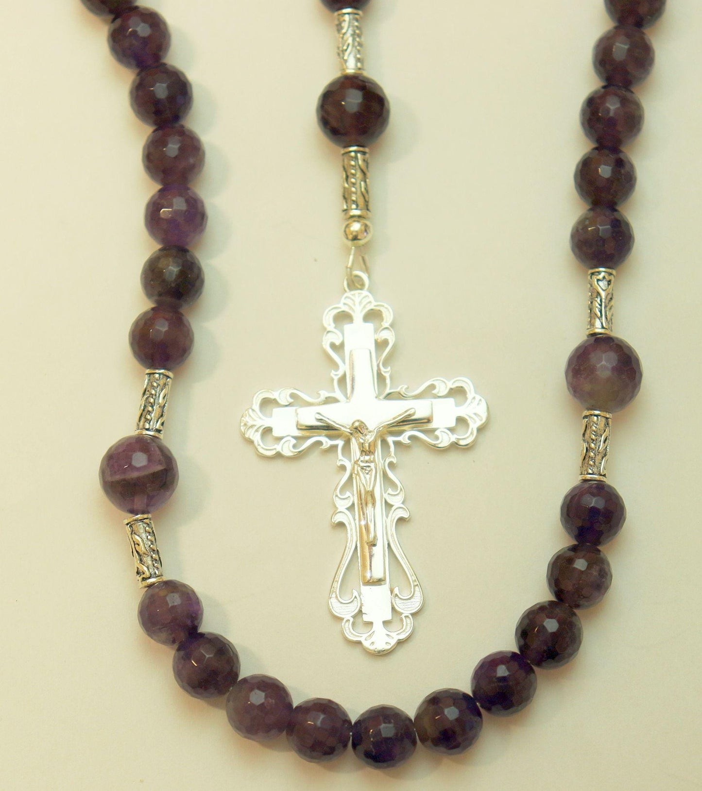 Catholic Rosary Prayer Beads Faceted Amethyst & Sterling Silver