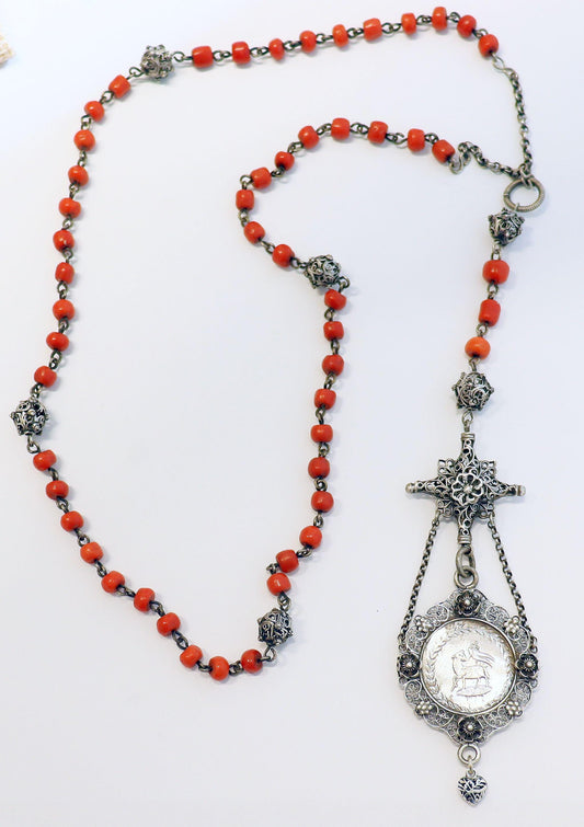Mid 19th Cent Bavarian Coral & Sterling Silver Catholic Chain Rosary with Unique Agnus Dei Medal - Xtreme Rarity