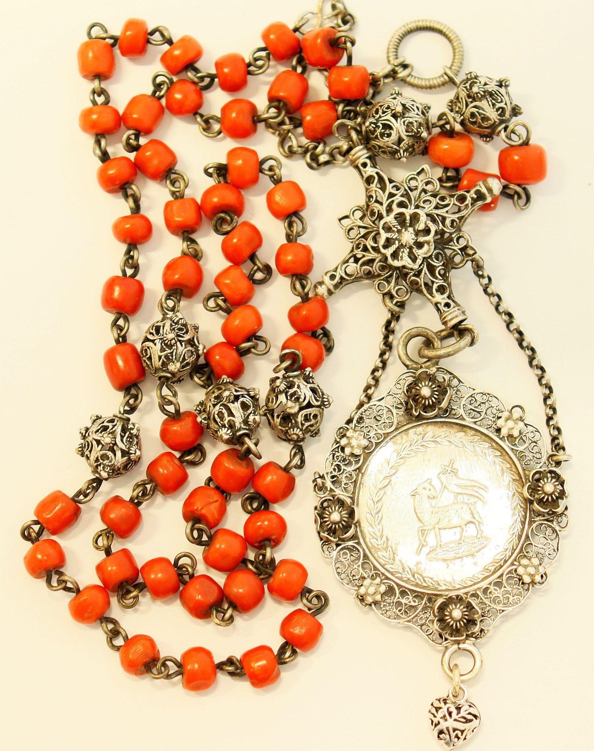 Mid 19th Cent Bavarian Coral & Sterling Silver Catholic Chain Rosary with Unique Agnus Dei Medal - Xtreme Rarity