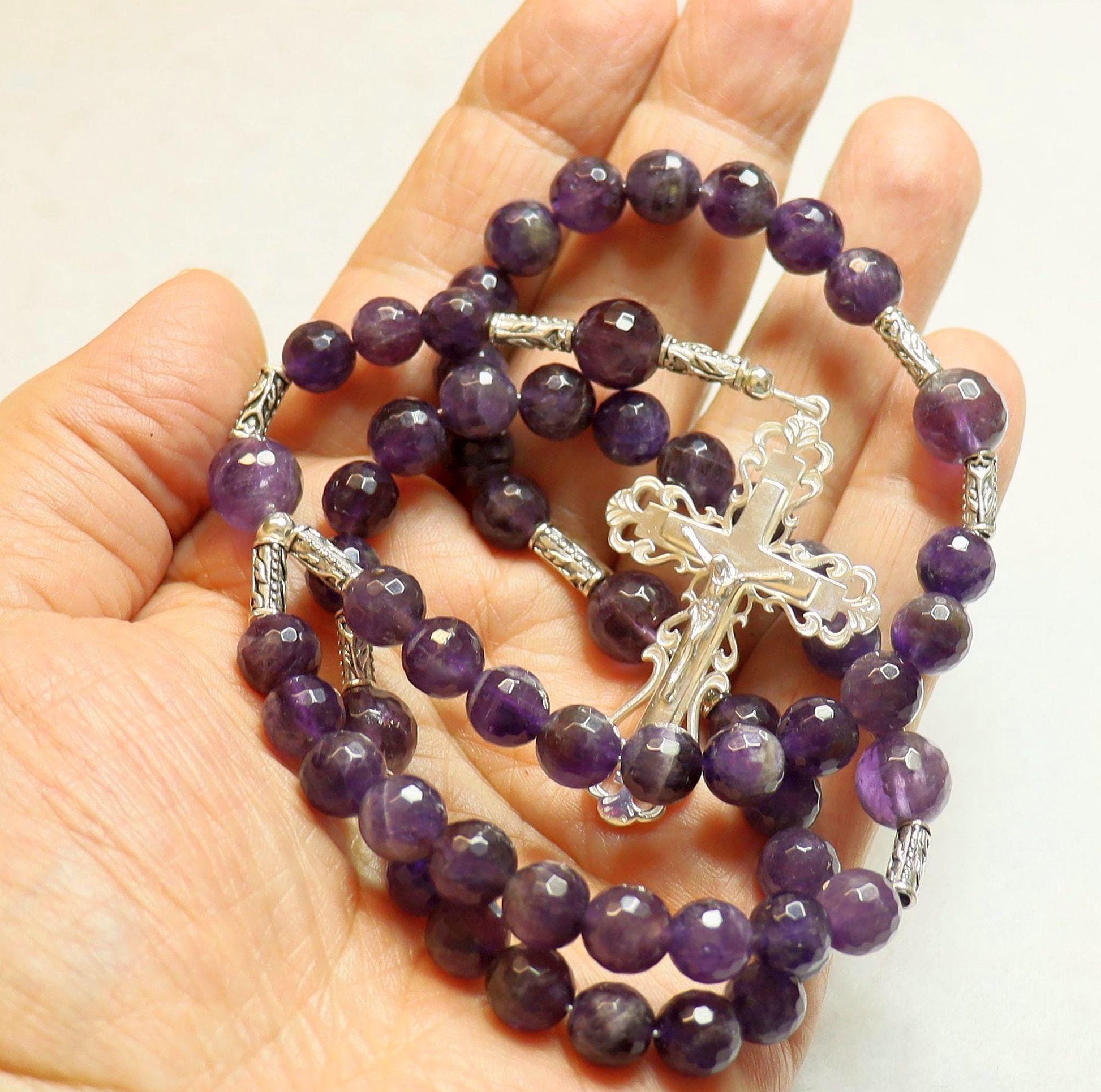 Catholic Rosary Prayer Beads Faceted Amethyst & Sterling Silver