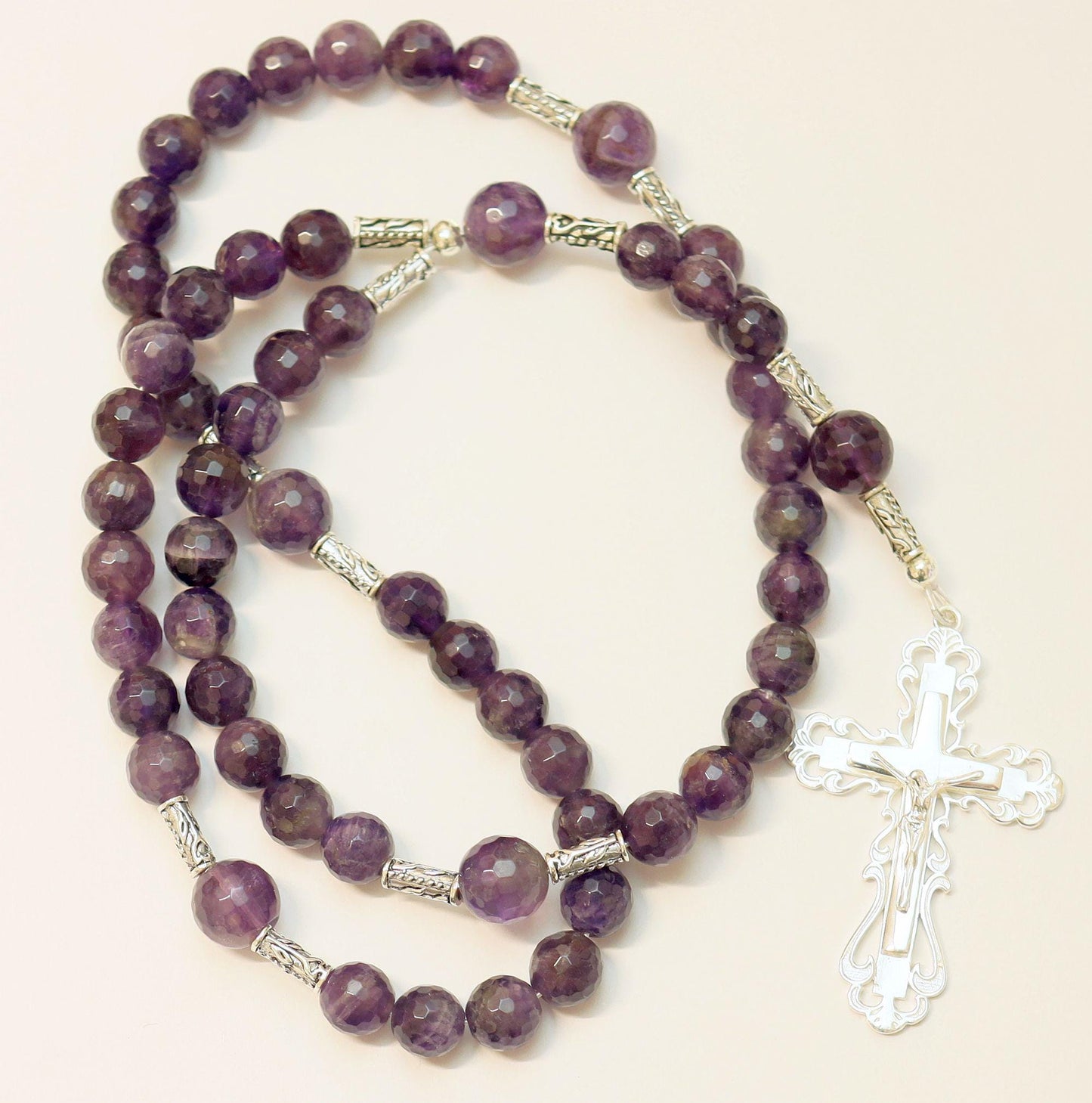 Catholic Rosary Prayer Beads Faceted Amethyst & Sterling Silver