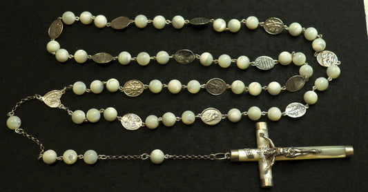 Stations of the Cross Unique Rosary all Vintage Mother Of Pearl w 19th Cent Medals and Art Nouveau Crucifix ALL Sterling Silver