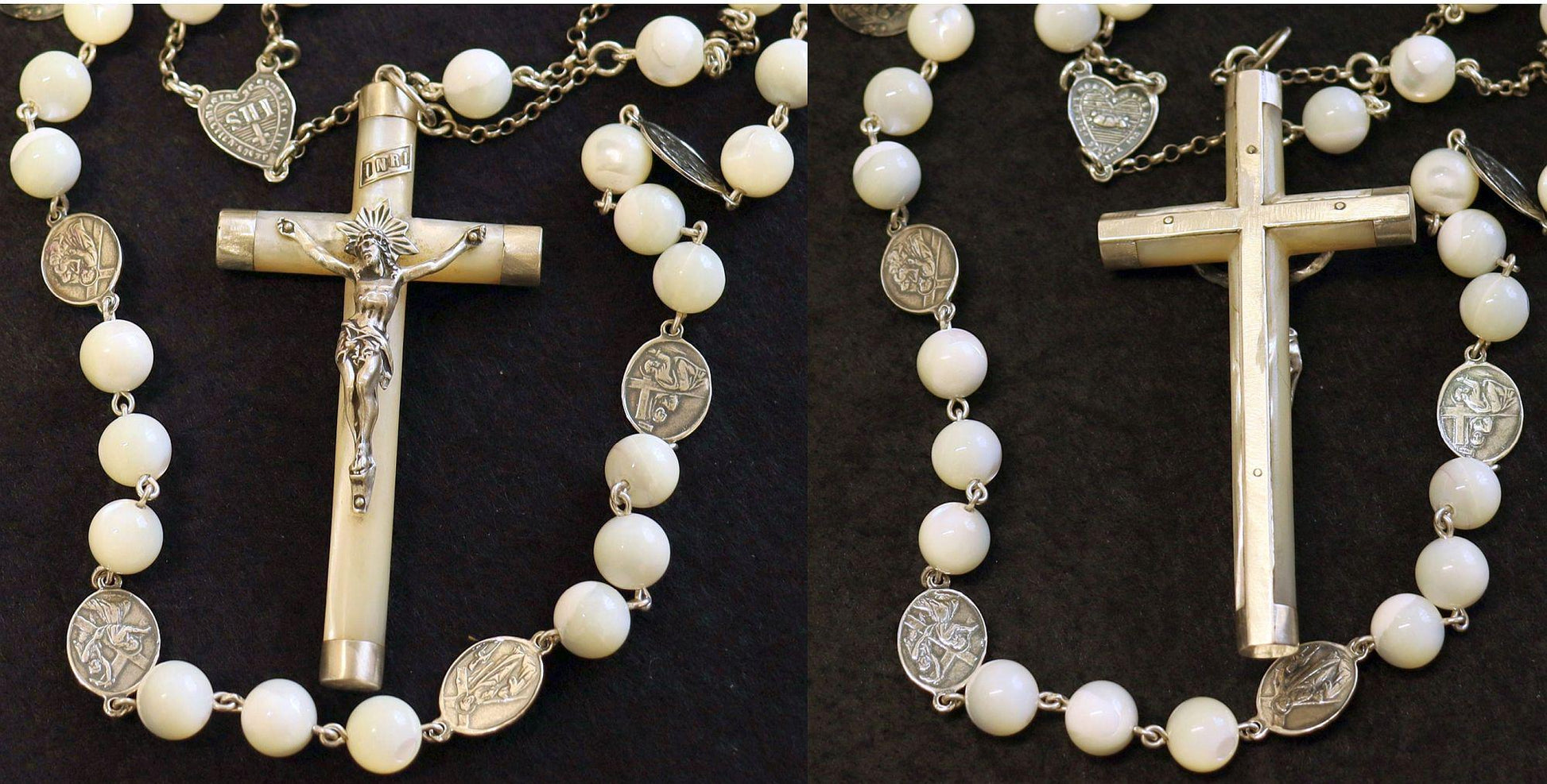 Stations of the Cross Unique Rosary all Vintage Mother Of Pearl w 19th Cent Medals and Art Nouveau Crucifix ALL Sterling Silver