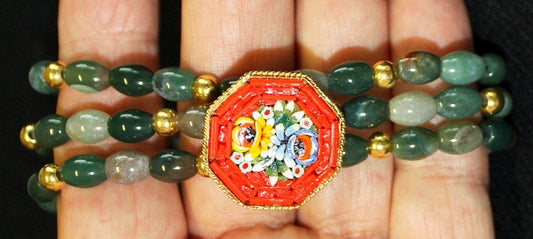 Vintage Pristine Micromosaic Brooch and Bracelets in Bloodstone and Vermeil - Unique