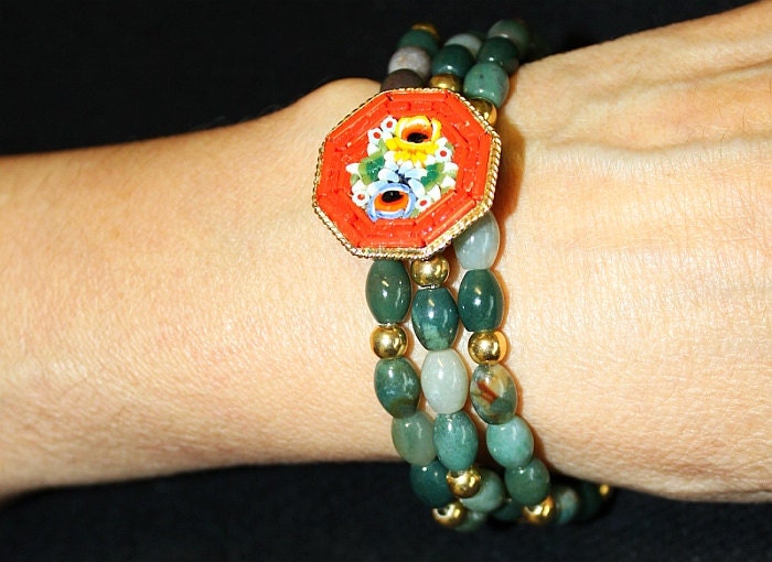 Vintage Pristine Micromosaic Brooch and Bracelets in Bloodstone and Vermeil - Unique