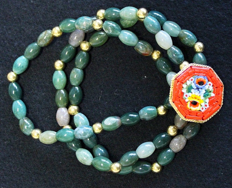 Vintage Pristine Micromosaic Brooch and Bracelets in Bloodstone and Vermeil - Unique