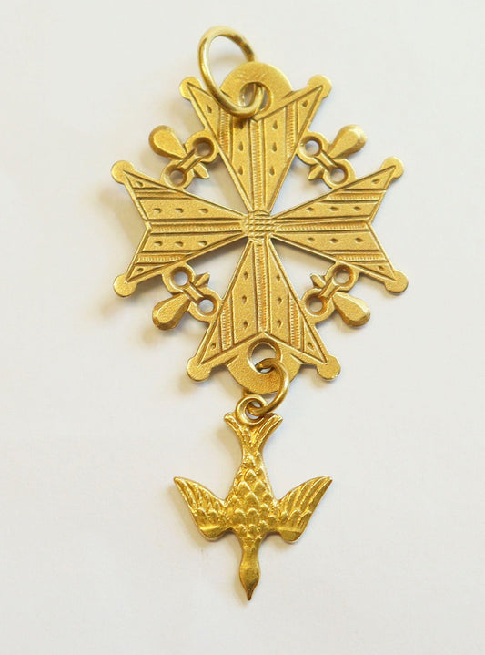 18 K Solid Gold Pendant VintagevFrench Medal Huguenot Cross Protestant - 1930 's - Large Size - Pristine condition.