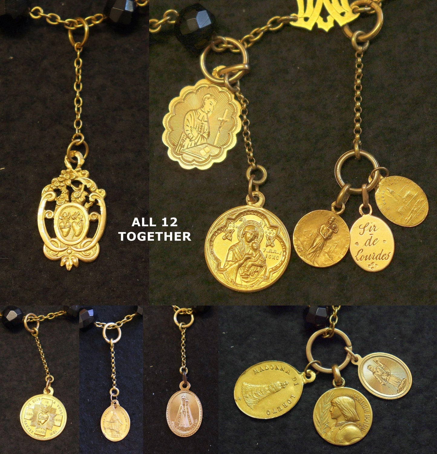 18K Solid Gold Catholic Rosary & Faceted Jet Beads, 12 Medals, 19th Cent. Unique Heirloom, Top Rarity
