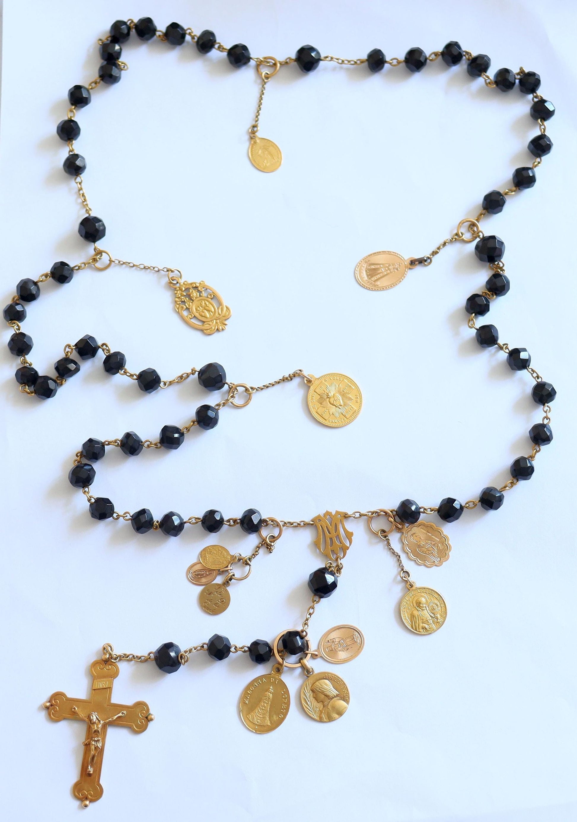 18K Solid Gold Catholic Rosary & Faceted Jet Beads, 12 Medals, 19th Cent. Unique Heirloom, Top Rarity