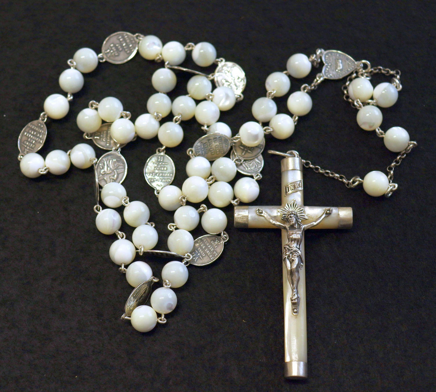 Stations of the Cross Unique Rosary all Vintage Mother Of Pearl w 19th Cent Medals and Art Nouveau Crucifix ALL Sterling Silver