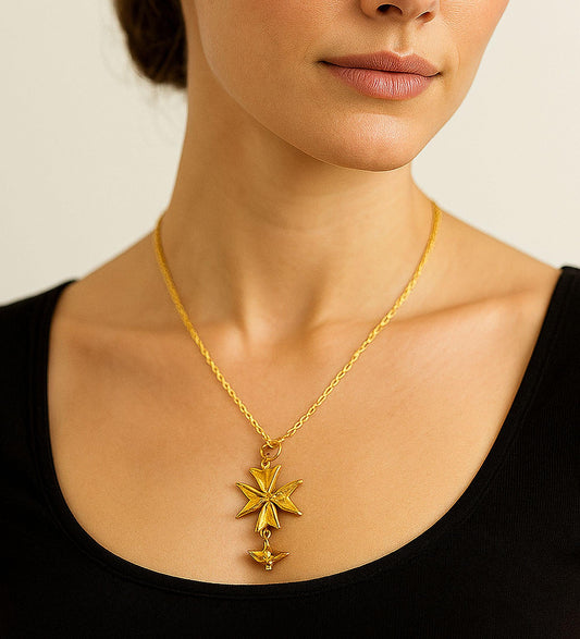 Vintage Huguenot Cross Stylized Pendant 1970's Gold Plated Signed by Artist w Chain - XX Rare