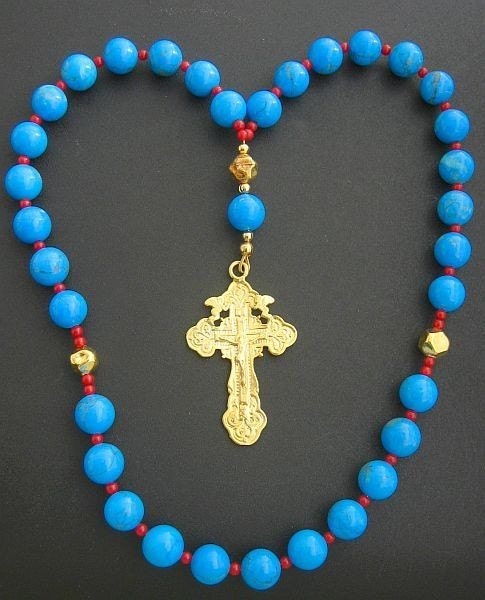 Beaded CHOTKI KOMBOSKINI Turquoise Coral Vermeil - ORTHODOX Rosary