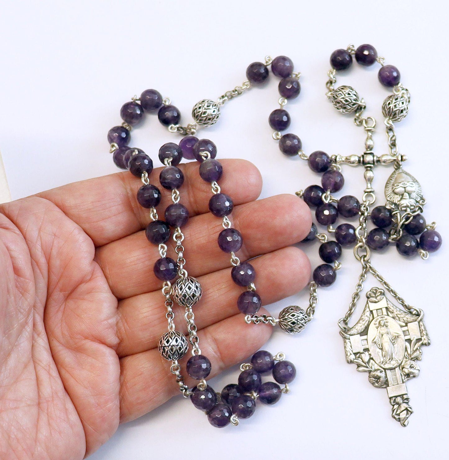 Antique Catholic Rosary Amethyst and Sterling Early 20th Cent- Marian Congregation XX Rarity
