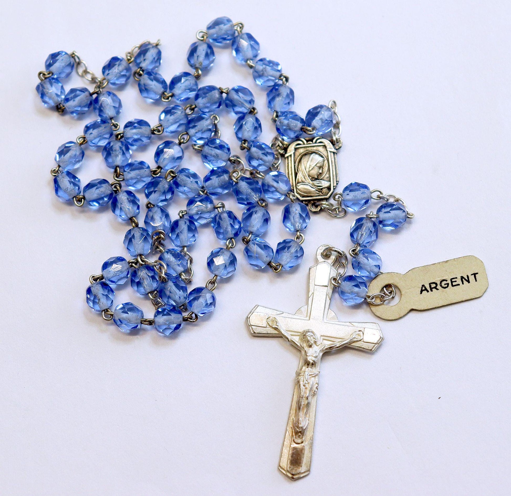 Catholic Vintage Rosary New Old Stock Blue Crystal Sterling Silver Exquisite Series No25